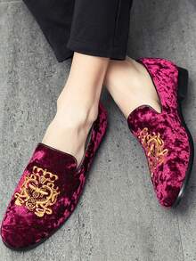 男士红色乐福鞋刺绣复古牛津一脚蹬平底正装鞋、驾车鞋、婚鞋 - 紅色 - 查看 1