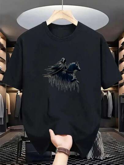 大码男士休闲圆领 T 恤，几何马匹印花，夏季上衣