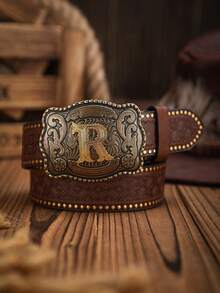 1条男士波西米亚西部牛仔风格字母压纹金属扣复古深棕色PU皮带，适合秋季、万圣节、秋冬季节，适合青少年、青年、男士，休闲、户外、运动、度假、毕业礼物、生日、日常穿着 - 深棕色 - 查看 17