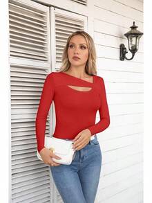 Womens Fashion Fall Cutout Long Sleeve Ribbed Slim Fitted Tops Shirts Tee Tshirts - Long-red - View 5