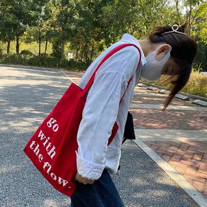 Pastel Pink Holiday Gift Tote Bag With Red Printed Text, Casual Large Capacity Shoulder Tote Canvas Bag, Suitable For Graduates, Teenagers, College Students, Vacation, Beach, Handbag