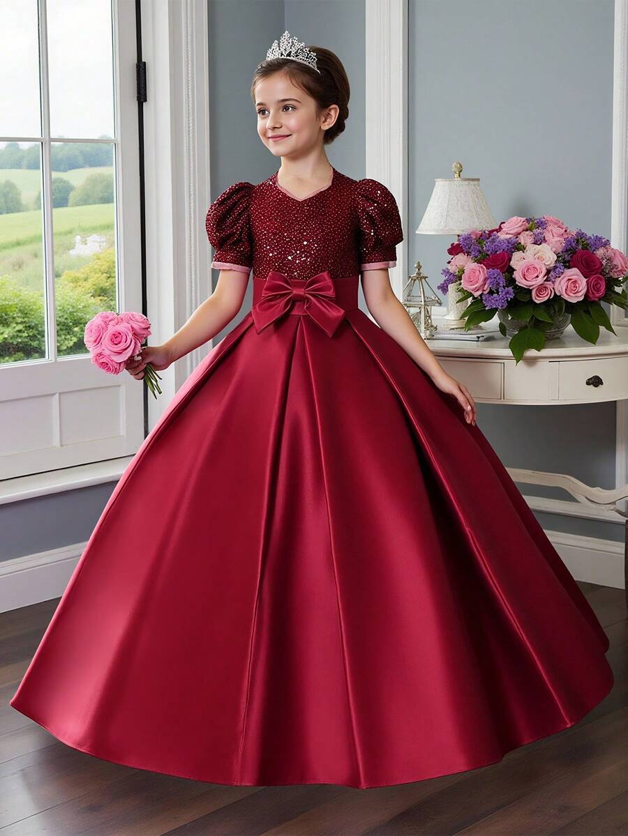 Tween Girls Sequin Bow Satin Long Elegant Formal Dress, Suitable For Galas, Hosting Events, Formal Dinners, Does Not Include Headband - Burgundy - View 1