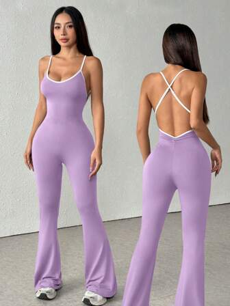 1 pieza Mono sin mangas de unicolor con camiseta de tirantes delgada, contraste de color, pierna ancha acampanada, casual, sexy, espalda descubierta, shapewear, body