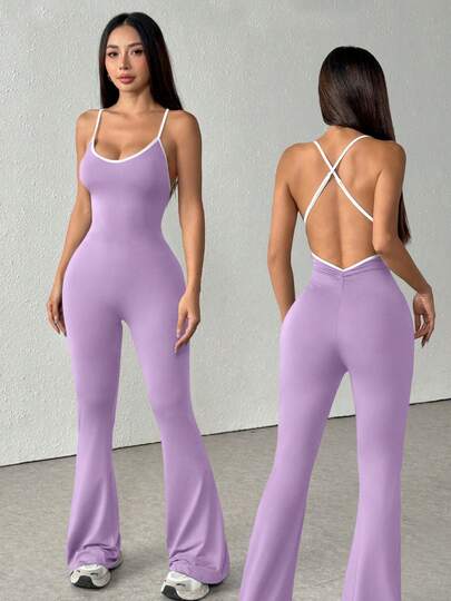 1 pieza Mono sin mangas de unicolor con camiseta de tirantes delgada, contraste de color, pierna ancha acampanada, mono casual sexy con espalda descubierta, shapewear, mono de verano