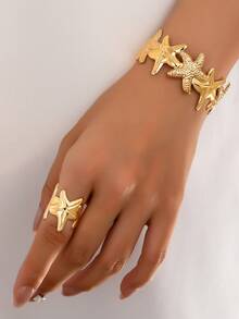 1入海星貝殼金屬手鐲+1入可調節開口戒指海灘度假風格復古時尚禮物套裝女士 - 金黃色 - 查看 8