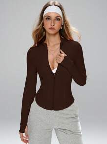 FWH Women's Fashionable Design Small Stand-Collar Outdoor Running Yoga Exercise Casual Style Fabric Comfortable Stretch Visually Shaping Waist-Defining Basic Versatile Youthful Sun-Protection Sport Jacket Long Sleeves