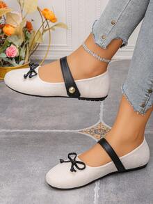 Plus Size Women's 36-43 Spring & Autumn Beige Bowknot Strap Mary Jane Flats, Daily Work Commute Party Fashion Versatile Slip-On Lightweight Soft Sole Non-Slip Ballet Flat Shoes, Random Pattern - Beige - View 3