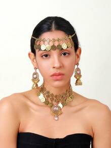 4pcs  Bollywood Style Women's Gold Necklace Set, Including 1pc Elegant Noble Fringe Necklace Studded With Purple/Green/White/Black Rhinestones, 1 Pair Exquisite Tassel Earrings, And 1pc Vintage Bohemian Style Head Chain, Ideal For Wearing At Festive Events Or As A Thanksgiving Gift Jewelry Set.