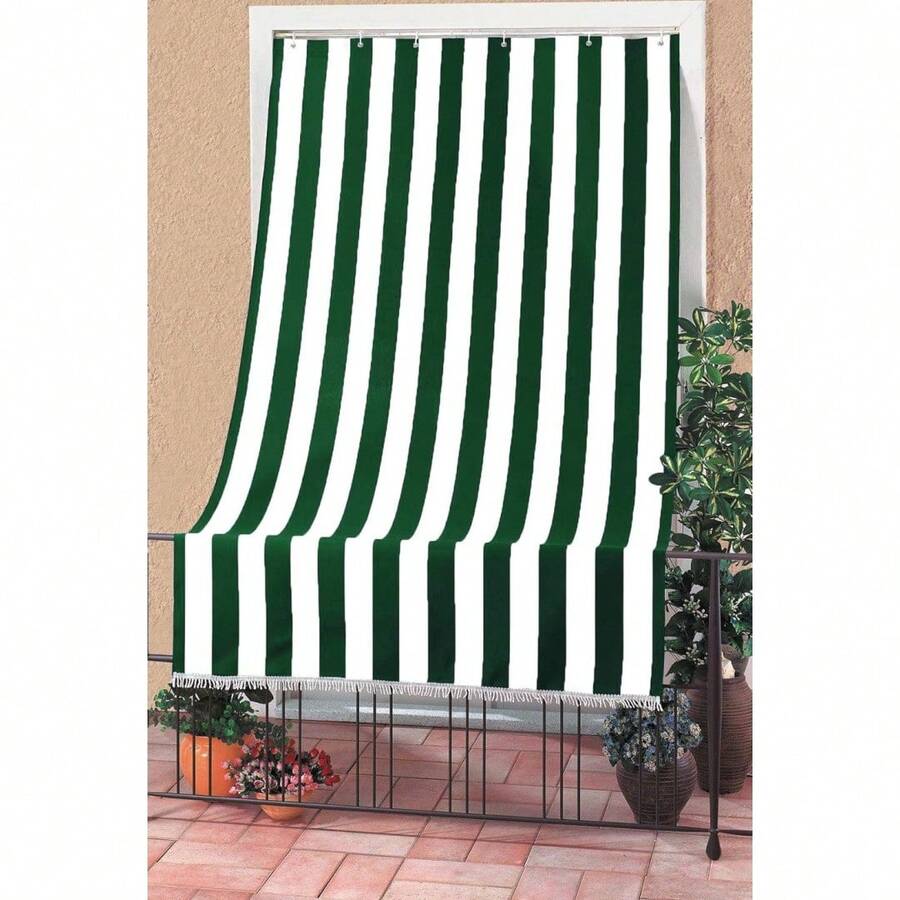 Striped Awning With Fringes For Balcony, Window, Washable Polyester Fabric, With Rings For Easy Installation, Available In Various Sizes And Colors, Ideal For Outdoor And Home Decoration - Xanh lá cây và trắng - Xem 1