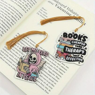 New Skull Skeleton Reading Book Acrylic Tassel Bookmark, Great Gift For Avid Readers