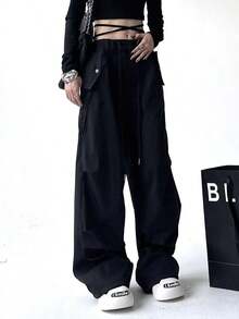 Pantalones de trabajo de las mujeres Pantalones de pierna ancha de América, las mujeres sueltas Yuppie Arrastre Piso Deportes Pantalones Largos - Negro - Ver 5