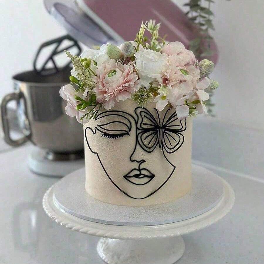 1 pieza Decoración para tarta con retrato de arte de líneas abstractas, apta para fiestas de cumpleaños - Negro - Ver 1