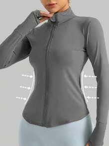 1 pieza Chaqueta de yoga de mujer de moda de primavera, sexy y delgada, unicolor, para uso diario, gimnasio, deportes, running, fitness, secado rápido, de bajo impacto, con cuello alto, abertura para el pulgar, para vacaciones, con cremallera, de manga larga, cómoda y suave, para deportes de verano al aire libre
