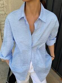 Áo sơ mi nữ kiểu Hồng Kông cổ điển mới, màu trơn, dáng rộng, thích hợp cho kỳ nghỉ và du lịch mùa xuân. - Màu xanh lam - Xem 3