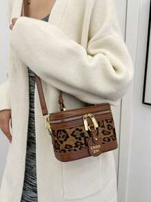 New Autumn/Winter Mini Letter Leather Tag Pendant Decor Vintage Patchwork Leopard Pattern Hand Bag, Cosmetic Bag, Mini Square Bag, Niche Fashion Bucket Tote Bag, Box Bag, Versatile Casual Shoulder Crossbody Bag For Women, New Fall Winter Tiger Print Bag For Women, New Fall Winter Cheetah Print Purse For Women , Leopard Cheetah Print - Multicolor - View 7