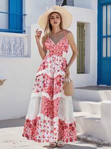 Vestidos de verano para mujer, vestido largo de playa con tirantes finos, estampado floral, estilo bohemio, corte en A, vestido largo fluido para invitada de boda. - Burdeos - Ver 2