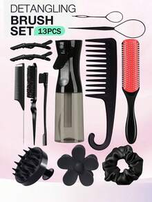 2013年1月5日 男女通用美发梳套装，包含：顺发梳、侧梳、后梳、带喷雾瓶的卷发梳、直发梳、头皮按摩梳、宽齿梳、发夹和造型梳套装 - 适合所有发质，满足旅行需求，返校季必备，旅行必备，女士美发配件，梳子，木质梳子，迷你梳子，顺发梳，卷发梳，美发工具，旅行必备，发型，护发，美发梳 - 彩色 - 查看 6