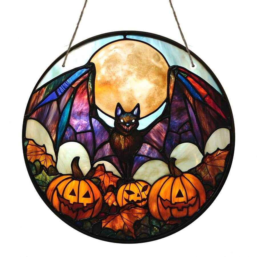 1 Pieza de Atrapasol de Acrílico con Estilo de Vitral de Murciélago y Calabaza Góticos - Decoración Vibrante de Halloween para el Hogar, Bar o Jardín, Ideas de Regalo Perfectas, Decoraciones de Halloween