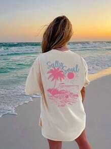 SALTY SOUL Women's Spring/Summer New Seaside Resort Coconut Tree Sun Printed Daily Casual Round Neck Short Sleeve T-Shirt Fashionable Dressing, Your Daily Vacation Essential. Vacation Outfits Women Graphic Tees Women