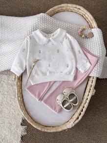 2pcs/Set Baby Girls Floral Embroidered Peter Pan Collar Long Sleeve Sweatshirt & Frilly Long Pants, Spring/Autumn