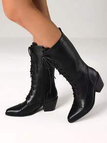 Women's Retro Pointed Toe Boots Fashion Block Chunky Heels Side Zipper Lace-Up Casual Party Dress Fall Vintage Mid Calf Boots Woman - 黑色 - 查看 6