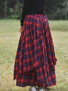女士格子休闲波西米亚风不对称下摆3D立体花卉装饰半身裙，圣诞红 - 紅色 - 查看 2