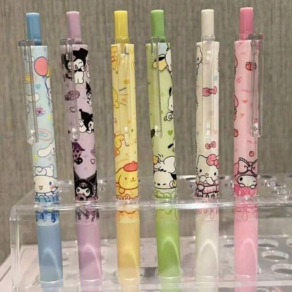 Sanrio Sanrio 6pcs Sets Hello Kitty & Kuromi & Melody & Cinnamoroll & Pochaccos & Pompompurin Pen- Black Ink, Stylish Ballpoint Pen With Colorful Anime Pattern - Durable & Smooth Writing For Office & School - Perfect Gift For Fans, School Supplies, Back To School
