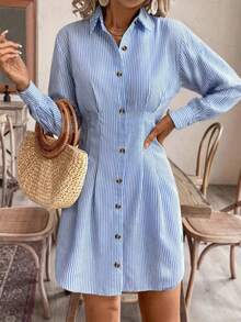 Women's Elegant Striped Long Sleeve A-Line Shirt Dress, High Waist Button Casual Office Dress, Light Color Pastel, Comfortable Polyester Fabric, French Style, Casual Shirt Dress, Office Dress, Elegant Style, Seasonal Striped Casual Button Fabric Pleated Decor Daily Wear