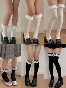 1 Đôi tất cao đến đùi viền ren cho nữ, tất dài phong cách Lolita, tất ngắn dễ thương để mặc hàng ngày, mùa thu - Nhiều màu - Xem 7