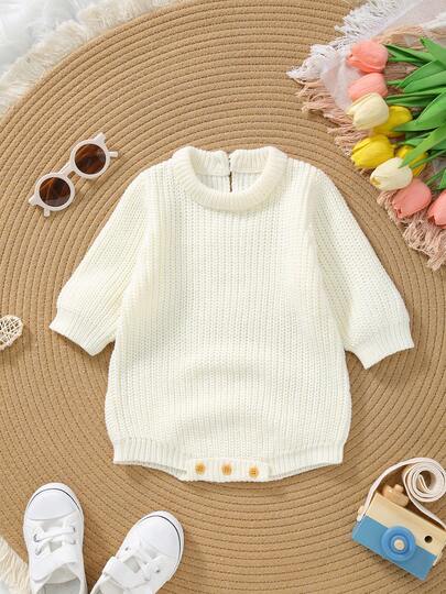 Infant Girls' Knitted Round Neck Ivory Short Sleeve Soft & Cute Bodysuit, Sweet Winter Outfit!
