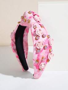 1 件扎染加厚面料扭纹皇冠头带，韩式，手工制作，串珠花卉装饰，优雅大方，适合派对、节日、约会、优质发饰、发带、发箍 - 粉紅色 - 查看 1