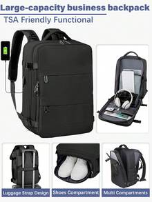 1pc Large Capacity Backpack With Shoe Compartment, Casual Backpack With Charging Port, Portable Laptop Backpack For Hiking, Trekking, Outdoor, Sports, Students Bags For Holiday - Black - View 2