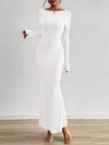 Women's Fall Fashion  Long Sleeve Maxi Dress Ribbed Knit Boat Neck Bodycon Casual Dresses Going Out Outfits - 白色 - 查看 3