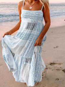大码女式波西米亚印花吊带裙，夏季透气面料宽松款式适合夏季海滩度假女装 - 藍色 - 查看 1