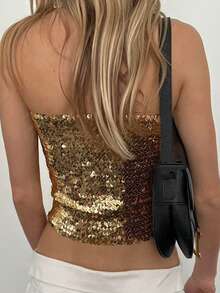 Women's Glitter Sequin Tube Tops Sleeveless Strapless Slim Fit Bandeau Tops Club Shirts - 金色 - 查看 3