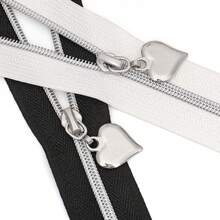 1 conjunto, zíper de 450 cm/177,16 polegadas com 10 puxadores de zíper em formato de coração, zíper de nylon nº 3, dentes prateados, opções de cores preto e branco, adequado para roupas, bolsas, têxteis para o lar, artesanato e muito mais
