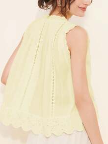 Women Boho Floral Eyelet Button Down Tank Tops Vintage Embroidery Solid Color Ruffle Sleeveless Scalloped Hem Loose Fit Vest Crop Tops Summer Casual Cropped Shirts Going Out Tops Beach Vacation Streetwear - 黃色 - 查看 2