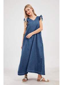 Womens Long Dress Casual Loose Fit Ruffle Sleeveless Jean Maxi Dresses Women 2025 - 藍色 - 查看 2
