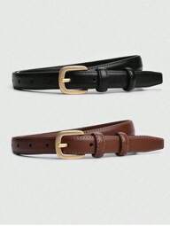 2pcs Needle Buckle Decoration Jeans & Skirt Minimalist Thin Fashion Belt, Women Casual Vintage PU Leather Belt, All Season Summer, School Fall, Autumn, Halloween