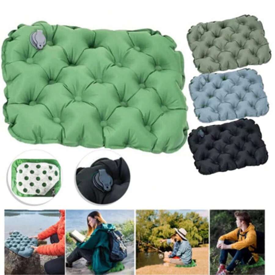 Cojín de Asiento Inflable Portátil, Ligero, Almohadilla de Aire para Viajes, Resistente a la Humedad y al Agua, Tapete de Silla de Camping para Exteriores - Verde Oliva - Ver 1