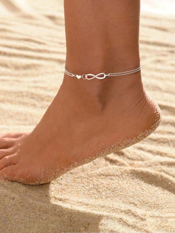1 Stück Silberner Charm-Anhänger Doppelschicht Fußkette für Frauen, einfach, glücksbringend, unsigniert, silbern, modisch und elegant, für Sommerstrand, Urlaub, Reise, Damenschmuck, geeignet für den Ganzjahreseinsatz, passendes Geschenk für eine gute Freundin