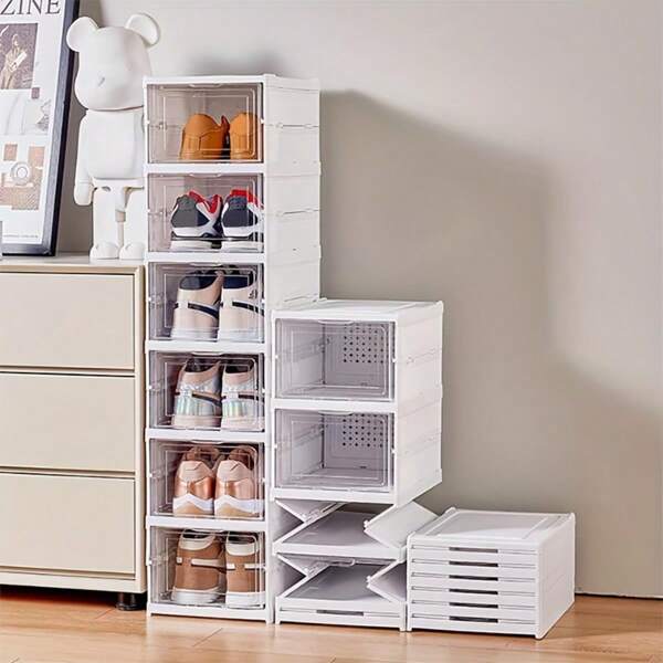 6 Layers Transparent Stackable Shoe Storage Box, Thickened Foldable Sports Shoes Organizer, Dust-Proof Tall Cabinet Shoe Rack, For Toys/Blind Box Display/Book Storage