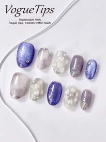 10pcs Handmade Nail Tips, Starry Sky Design, Short Round Wear Nails XS/S/M/L, Short Press-On Nails In Purple & Gray, Elegant & Charming, High-Quality Handcrafted Wear Nails, Short Nails, Slouchy Person Quick Stick-On Wear Nails, Press-On Acrylic Nails