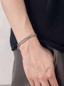 1pc Simple Hip-Hop Style Double Layered Bracelet, Circular Snake Bone Chain, Box Chain, Men's Stainless Steel Folding Jewelry - Silver - View 2