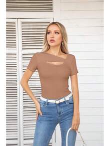 Womens Fashion Fall Cutout Long Sleeve Ribbed Slim Fitted Tops Shirts Tee Tshirts - 短卡其色 - 查看 6