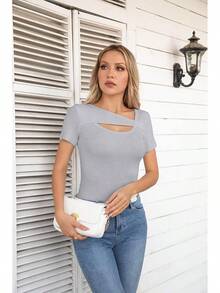 Womens Fashion Fall Cutout Long Sleeve Ribbed Slim Fitted Tops Shirts Tee Tshirts - Short-grey - View 7