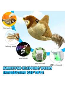 1 件随机颜色猫玩具，互动逼真的知更鸟飞翔和飘动猫薄荷，羽毛用弹力绳悬挂，自动鸣叫小猫玩具，适合室内猫自玩麻雀鸟设计宠物毛绒玩具可咀嚼耐用猫吱吱叫玩具，适合猫和狗互动供应宠物仿真鸟毛绒玩具带声音 - 棕色 - 查看 5