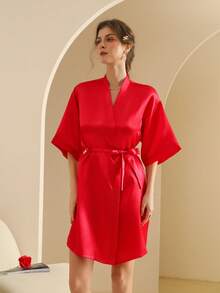 Women's Silk Nightgown Wedding Dressing Robe Lightweight Cardigan Robe Bridal Morning Robe Friend's Robe, Suitable For Home And Hotel Wear. - Bright Red - View 6