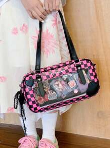 Summer New Anime Style Cute Plaid Transparent Window Baguette Bag, Student/Commute One Shoulder Messenger Bag