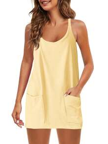 Womens Sleeveless Athletic Hot Shot Mini Dress With Built-In Shorts Sundress - 黃色 - 查看 7